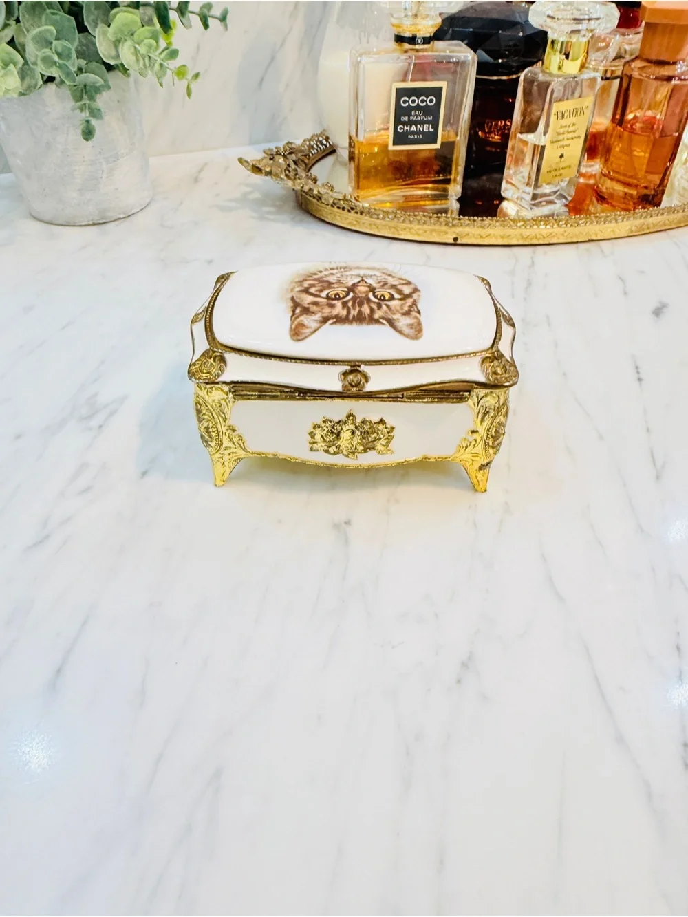Vintage Porcelain & Enamel Cat Trinket Jewelry Box